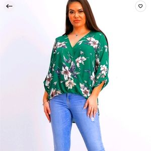 NWT- Allan Surplice Tie Sleeve High Low Blouse